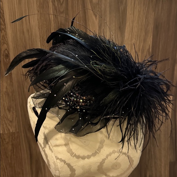 Vintage Feather Fascinator Black Plumes Swarovski Crystals Sequins Chic Large main image 14